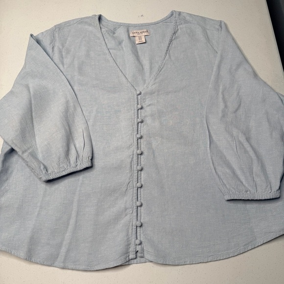 Laura Ashley Soft Blue V-Neck Blouse - Picture 12 of 12